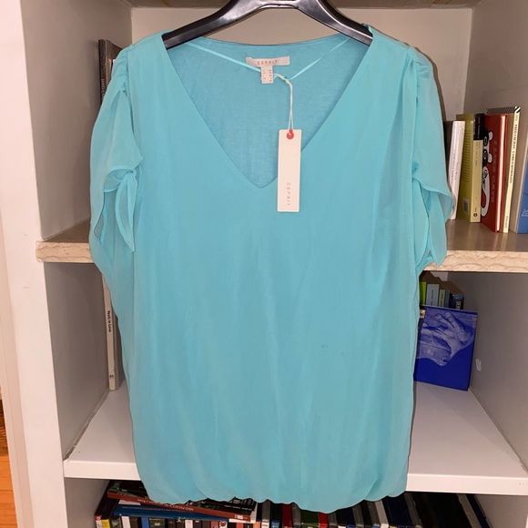 Esprit NWT Italian Bright Blue Flutter Tye Sleeve Blouse, Size 6 - Picture 2 of 14